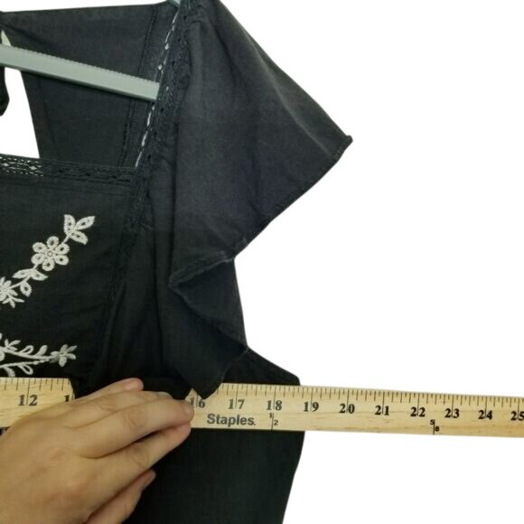 Black Old Navy Embroidered Ruffle Sleeve Cotton Rayon‎ Dress L Pockets Cottage - Picture 8 of 10